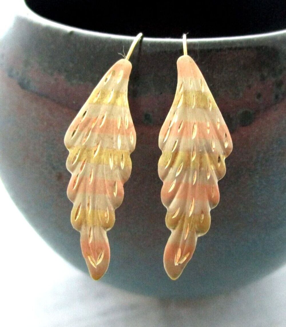 Vintage Diamond cut Leaf Earrings JCM 14k Tri-color Gold Dangle drop Earrings